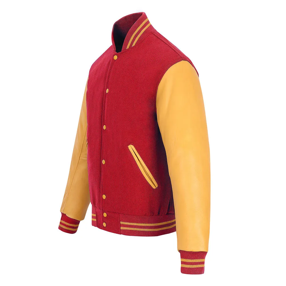 Warrior Gears Classic Hybrid Varsity Jacket University Letterman Bomber Jacket, Pure Wool & Original Cowhide Leather Jacket, Red Wool Body & Gold Leather Sleeves