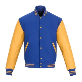 Warrior Gears Classic Hybrid Varsity Jacket University Letterman Bomber Jacket, Pure Wool & Original Cowhide Leather Jacket, Royal Blue Wool Body & Goldish Yellow Leather Sleeves