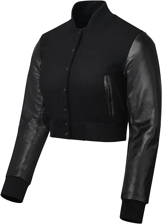 Warrior Gears Cropped Varsity Jacket Women - Premium Quality Leather and Wool Baseball Letterman Jacket for Women's, Long Sleeve - All Black Wool Body and Leather Sleeves