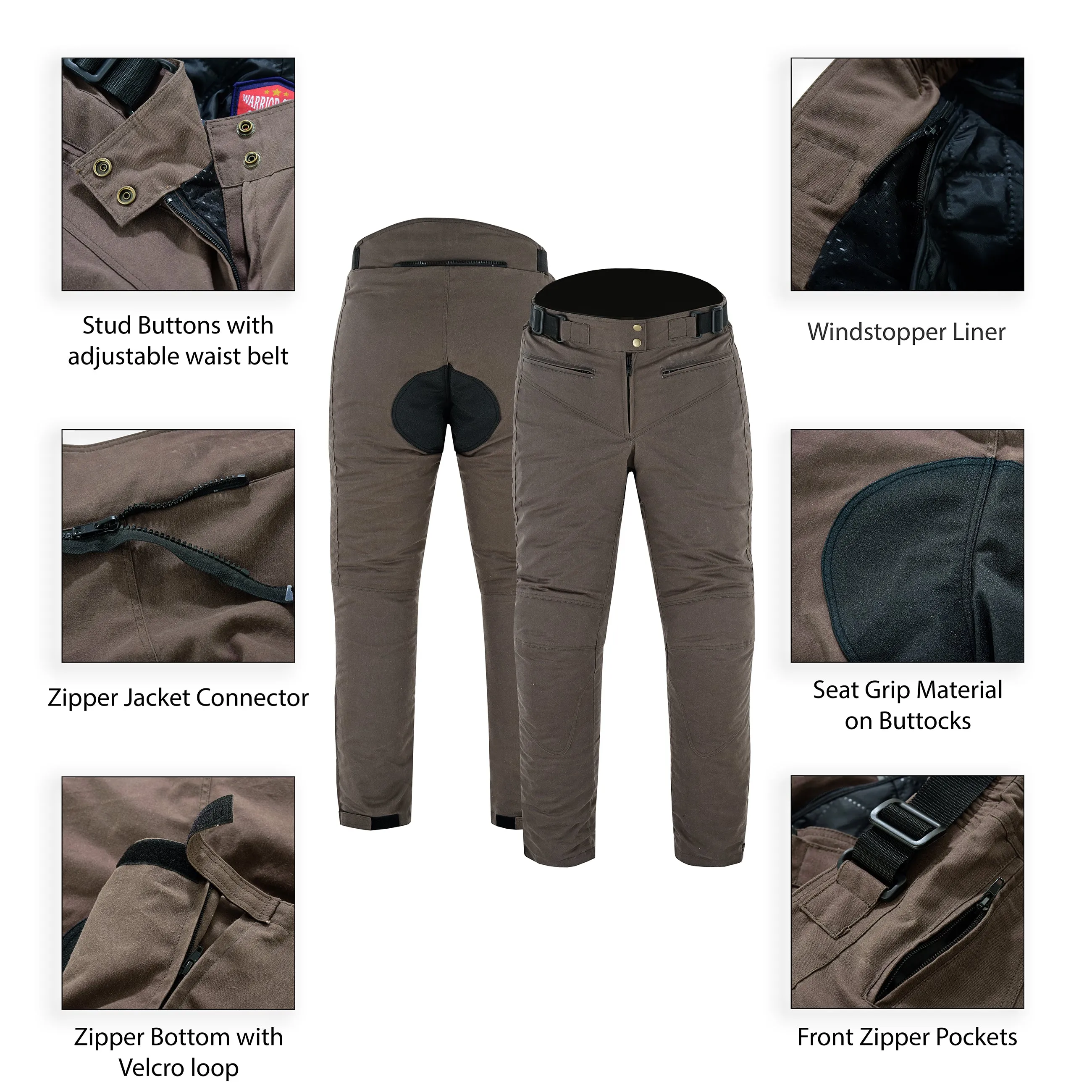 Warrior Gears® LADIES Wax Cotton Waxed Motorcycle Trousers, Waterproof Breathable CE Armour Biker Racing Trouser - Brown