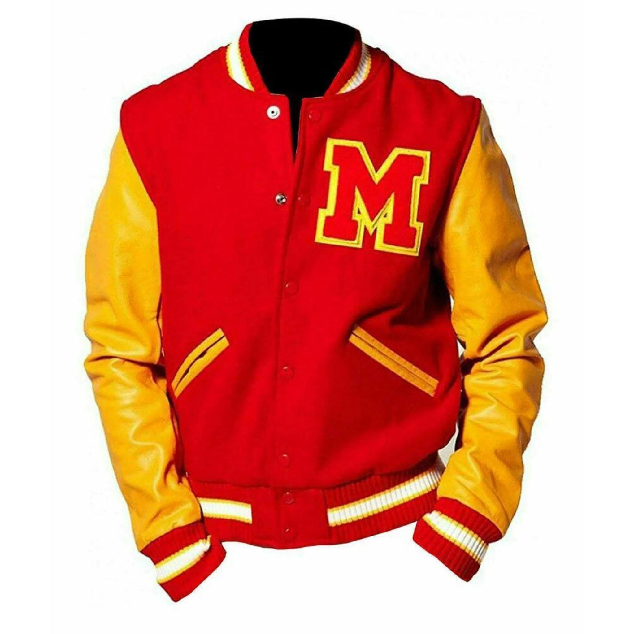 Warrior Gears® Varsity Jacket Michael Jackson M Logo Red Wool Letterman Varsity Yellow Leather Sleeves Jacket