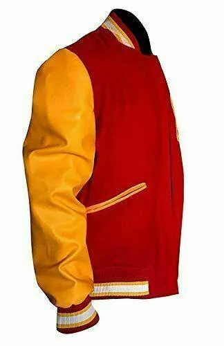 Warrior Gears® Varsity Jacket Michael Jackson M Logo Red Wool Letterman Varsity Yellow Leather Sleeves Jacket