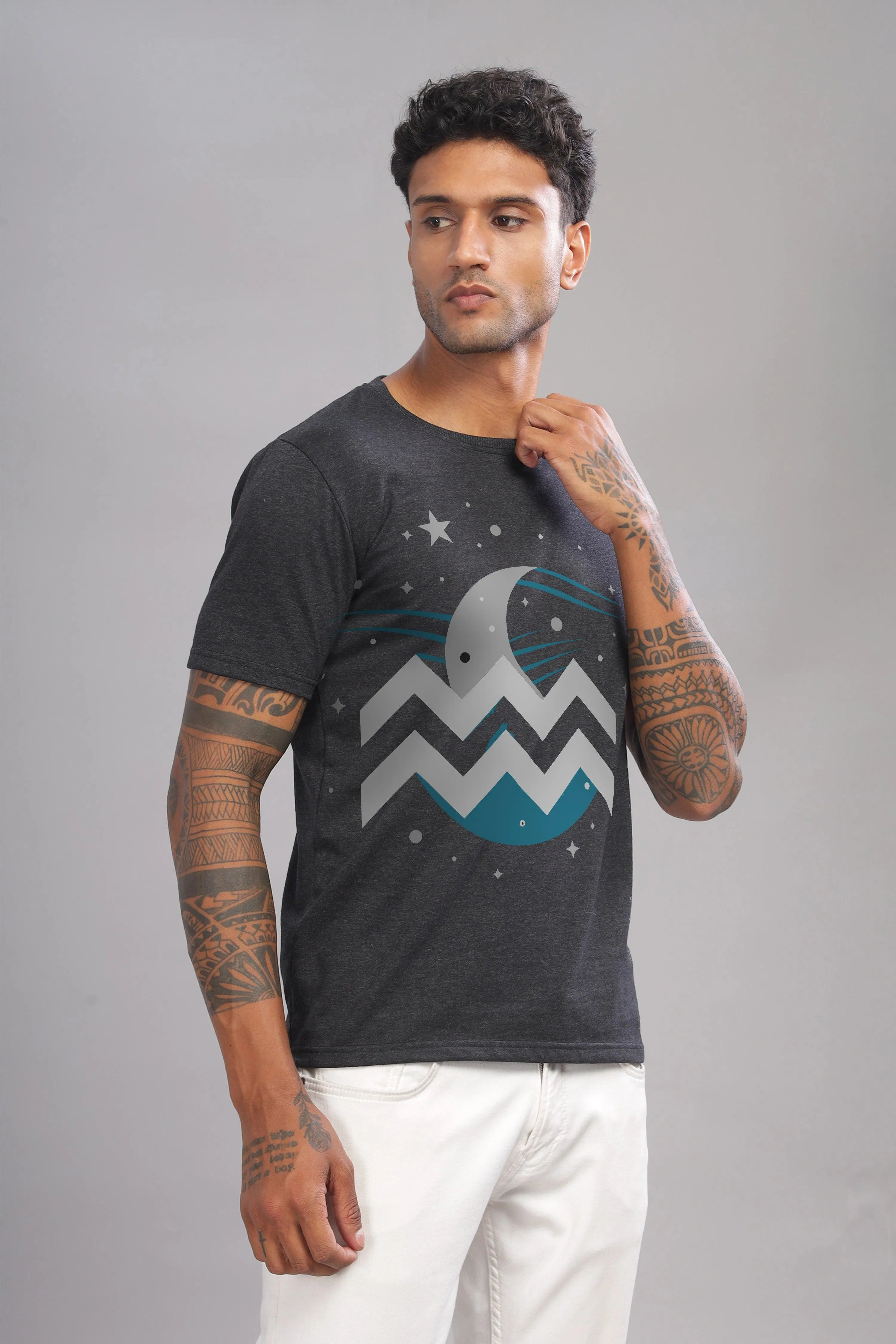 Waves of Aquarius Charcoal Half Sleeve Printed Round Neck T-Shirt