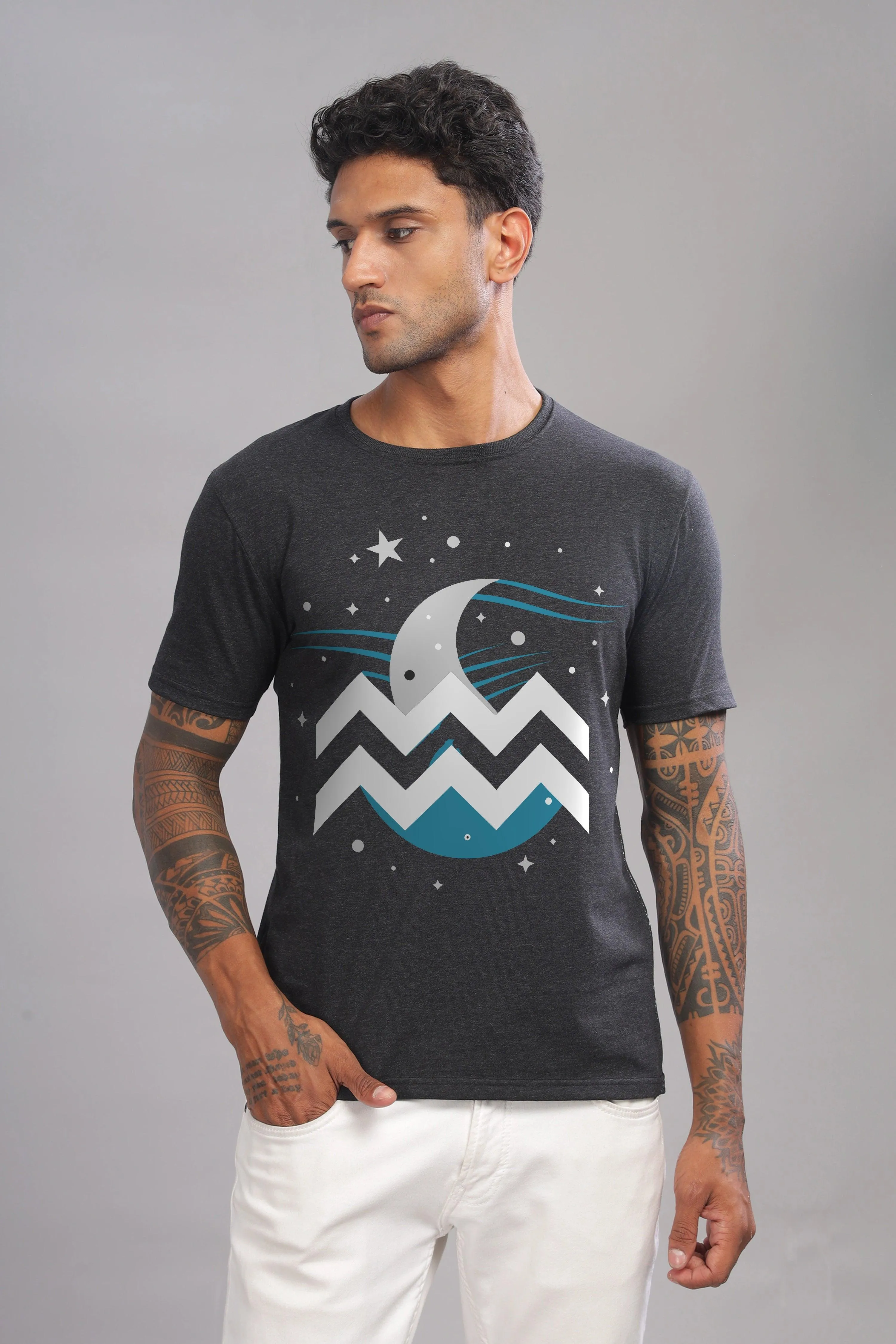 Waves of Aquarius Charcoal Half Sleeve Printed Round Neck T-Shirt