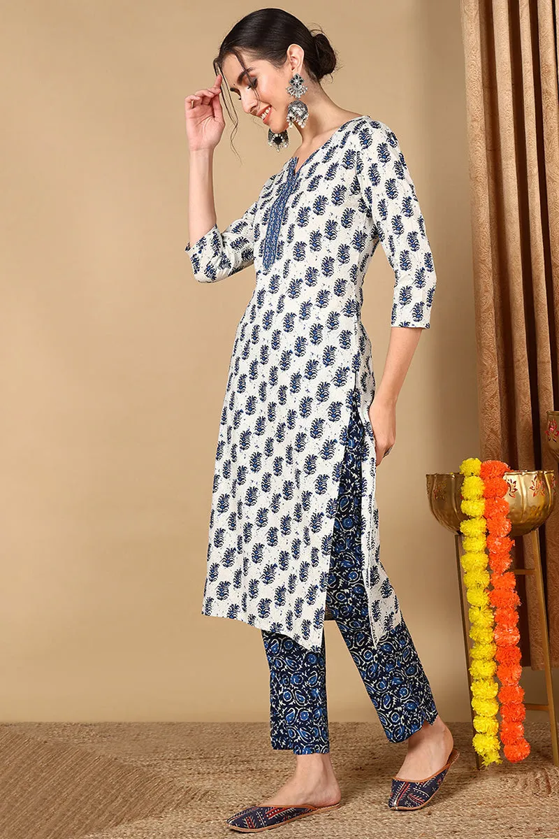 White Cotton Blend Straight Kurta Pant