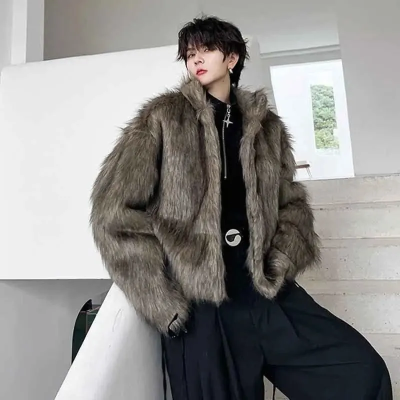 Winter Men's Dark Faux Fur Cotton Coat Fashion Korean Style Loose Woolen Cardigan Jackets Trend Male Autumn New 9C2877