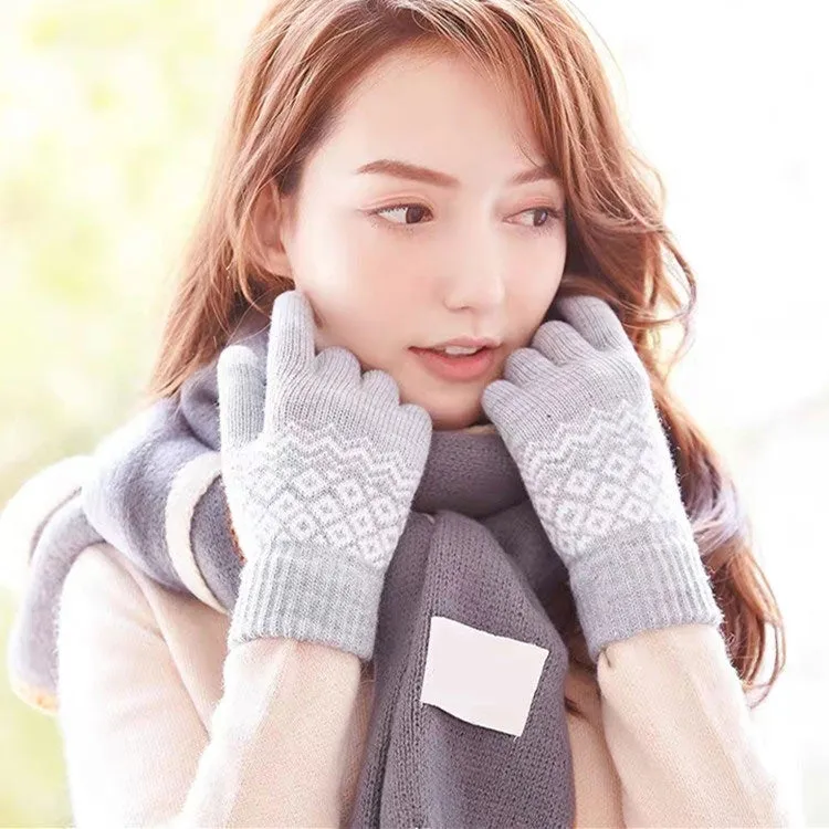 Winter Touch Screen Gloves Women Men Warm Stretch Knit Mittens Imitation Wool Thicken Full Finger Gloves(B-Grey)