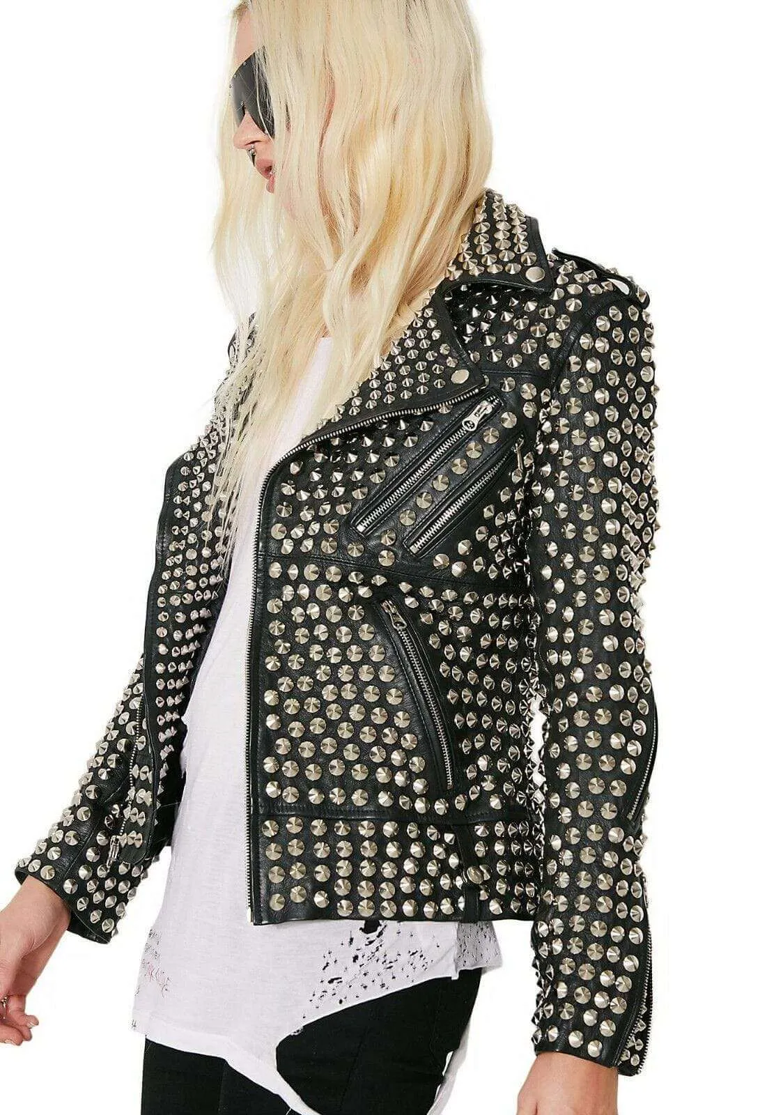 Woman Full Silver Studded Punk Cowhide Leather Jacket