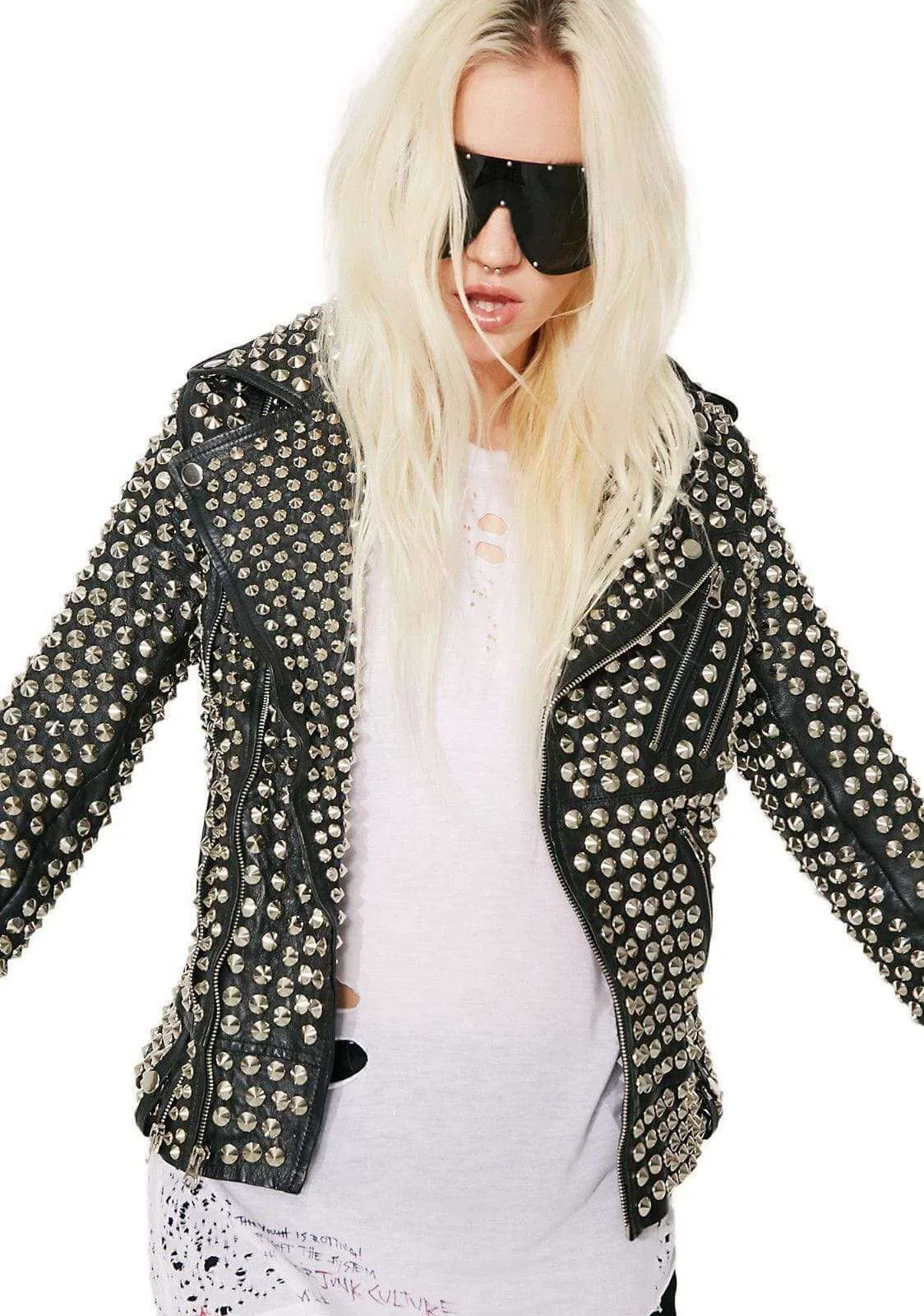 Woman Full Silver Studded Punk Cowhide Leather Jacket