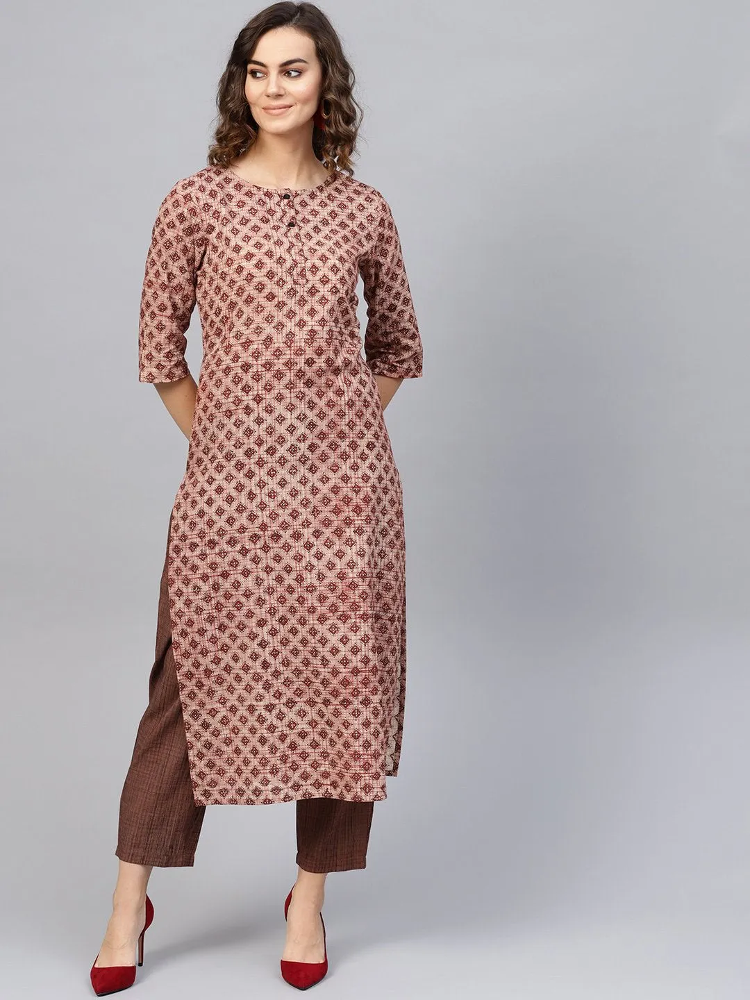 Women Beige & Brown Printed Kurta With Trousers