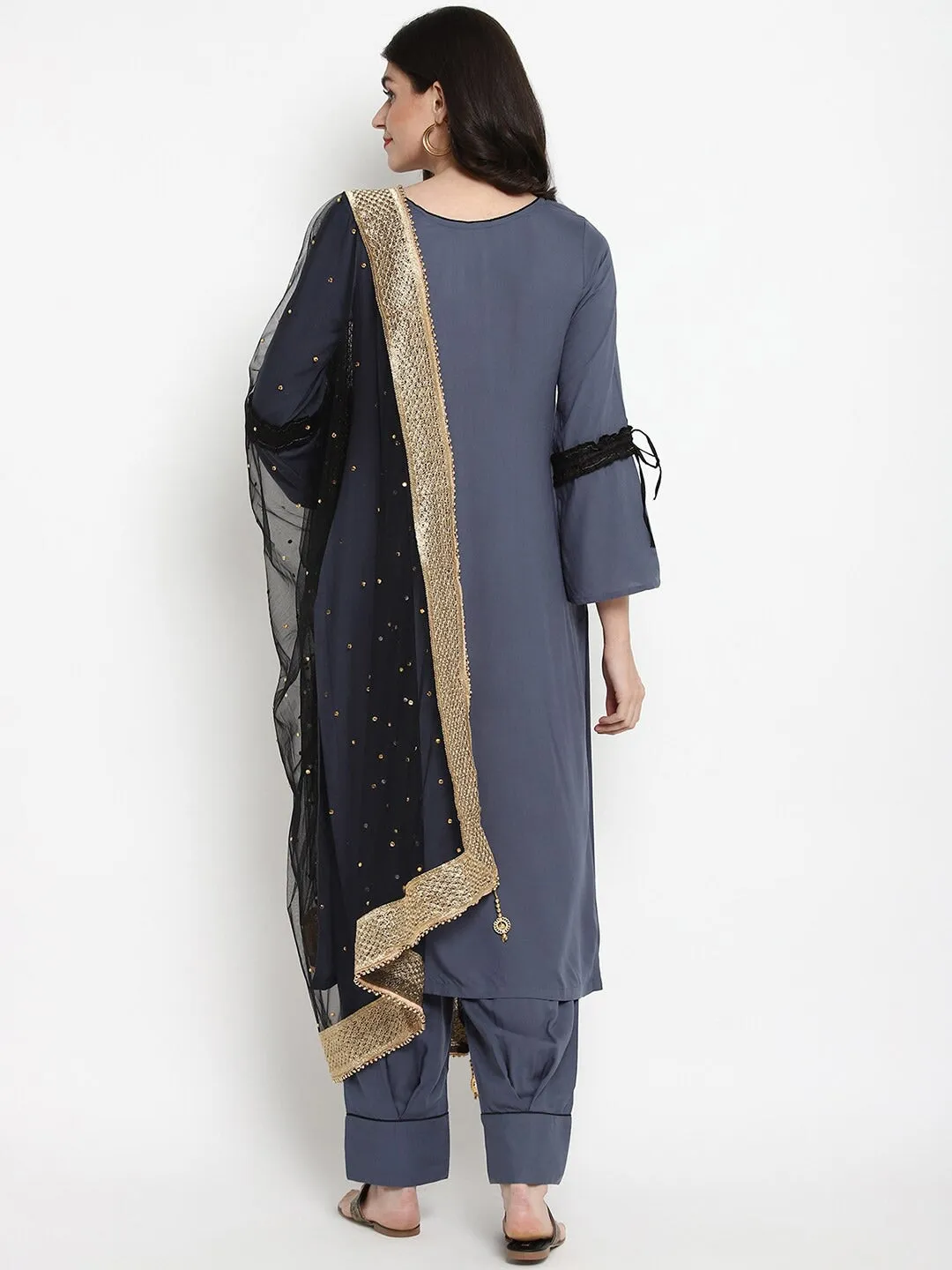 Women Grey Kurta With Trousers & Dupatta