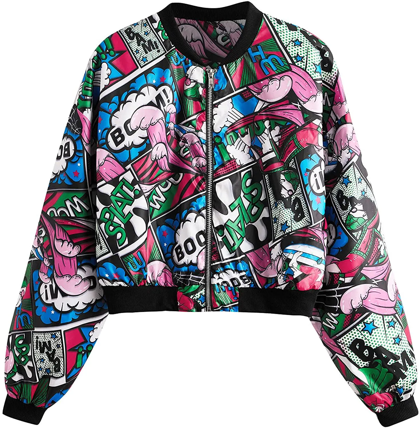 Women's Fashion Long Sleeve Comic Print Crop Bomber Zipper Jacket