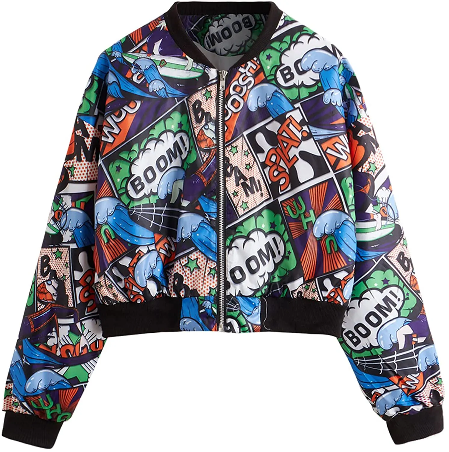 Women's Fashion Long Sleeve Comic Print Crop Bomber Zipper Jacket