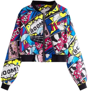 Women's Fashion Long Sleeve Comic Print Crop Bomber Zipper Jacket