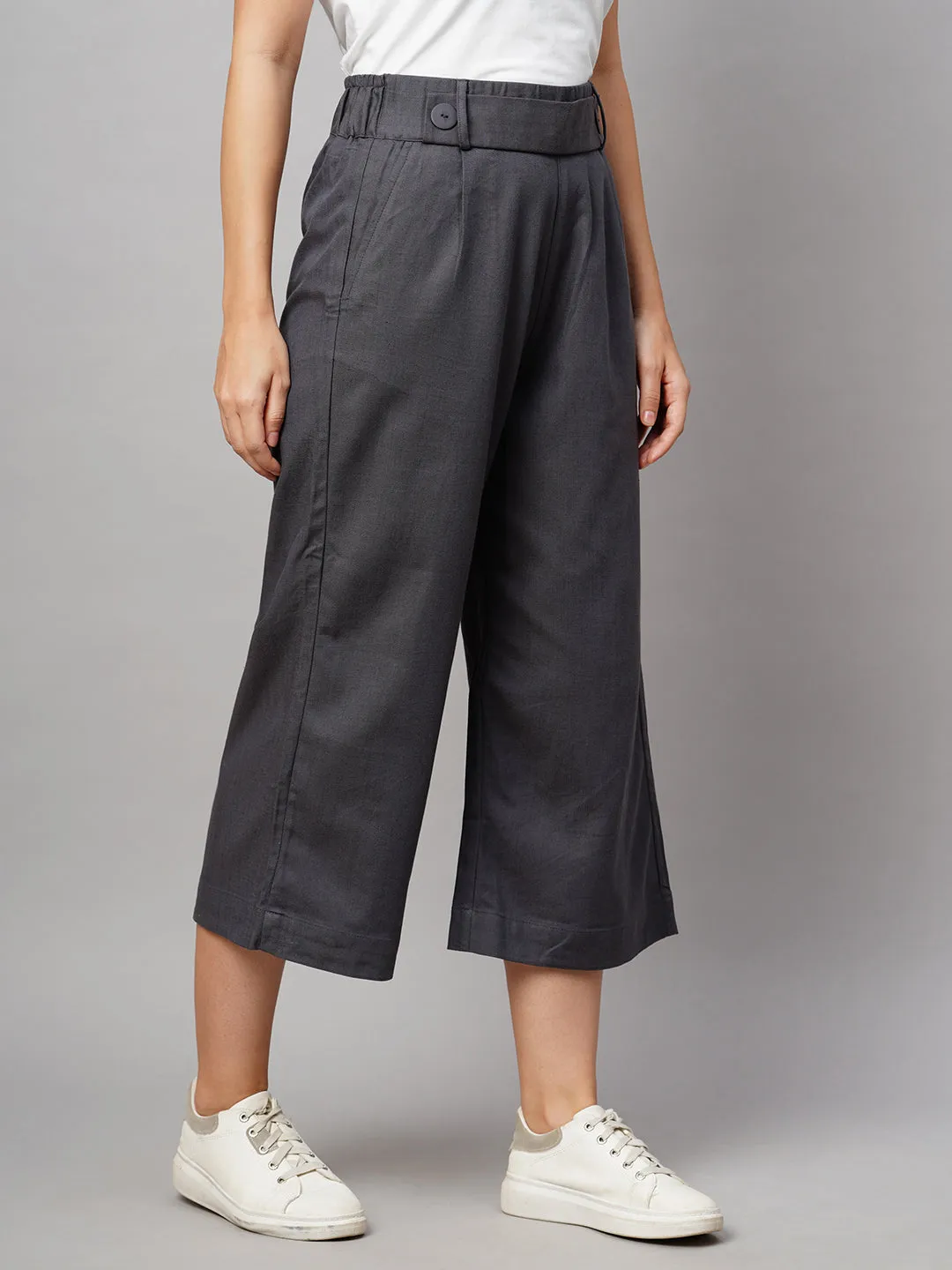 Women's Grey Viscose Cotton Linen Lycra Straight Fit Culottes