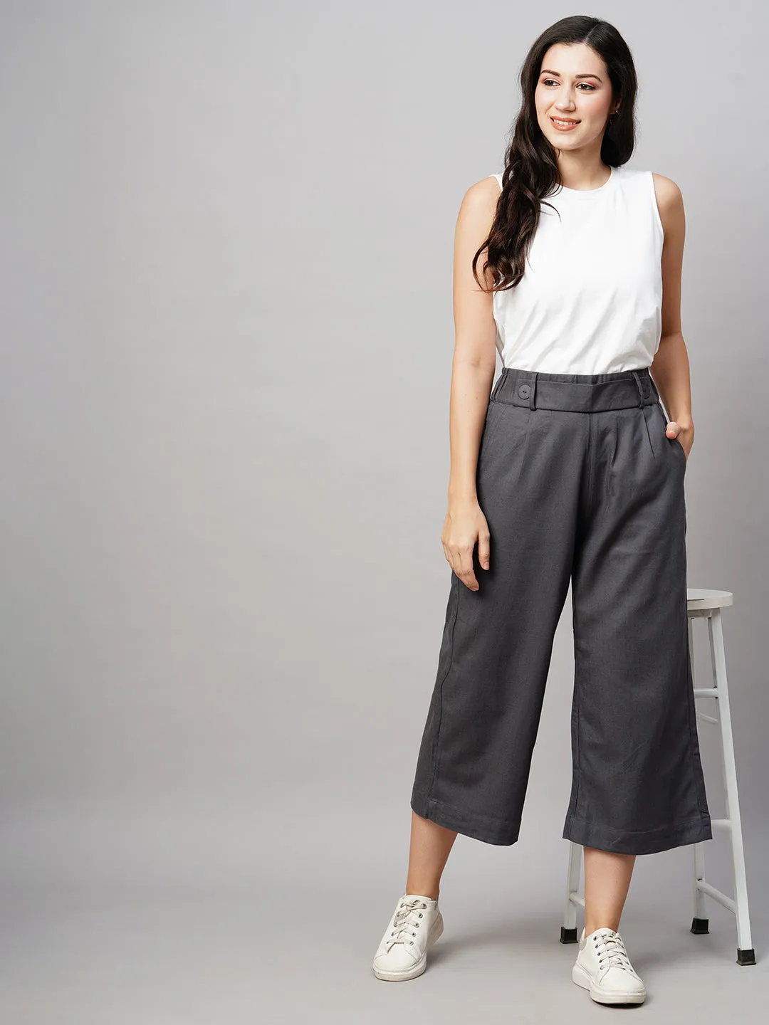 Women's Grey Viscose Cotton Linen Lycra Straight Fit Culottes