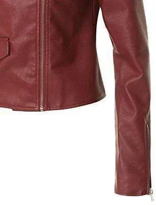 Women's Leather Maroon Zip Up Moto Biker Jacket Pocket Biker Jacket