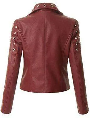 Women's Leather Maroon Zip Up Moto Biker Jacket Pocket Biker Jacket