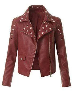 Women's Leather Maroon Zip Up Moto Biker Jacket Pocket Biker Jacket