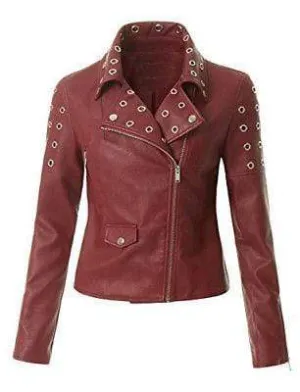 Women's Leather Maroon Zip Up Moto Biker Jacket Pocket Biker Jacket