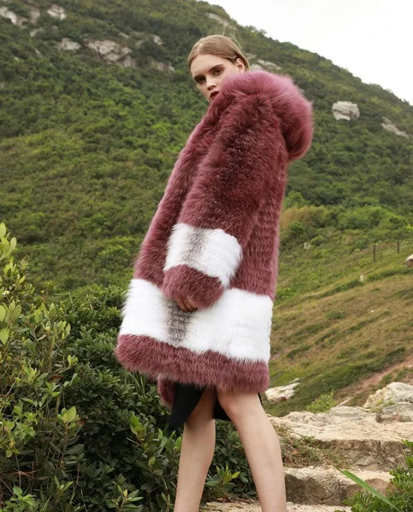 Womens Real Pink Saga Fox Fur Hooded Coat