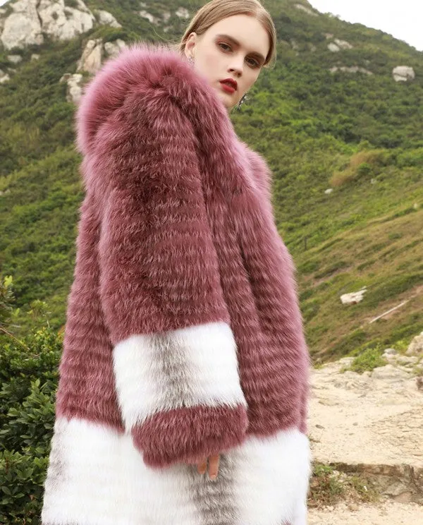 Womens Real Pink Saga Fox Fur Hooded Coat