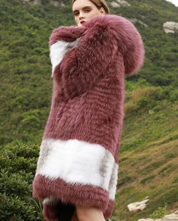 Womens Real Pink Saga Fox Fur Hooded Coat