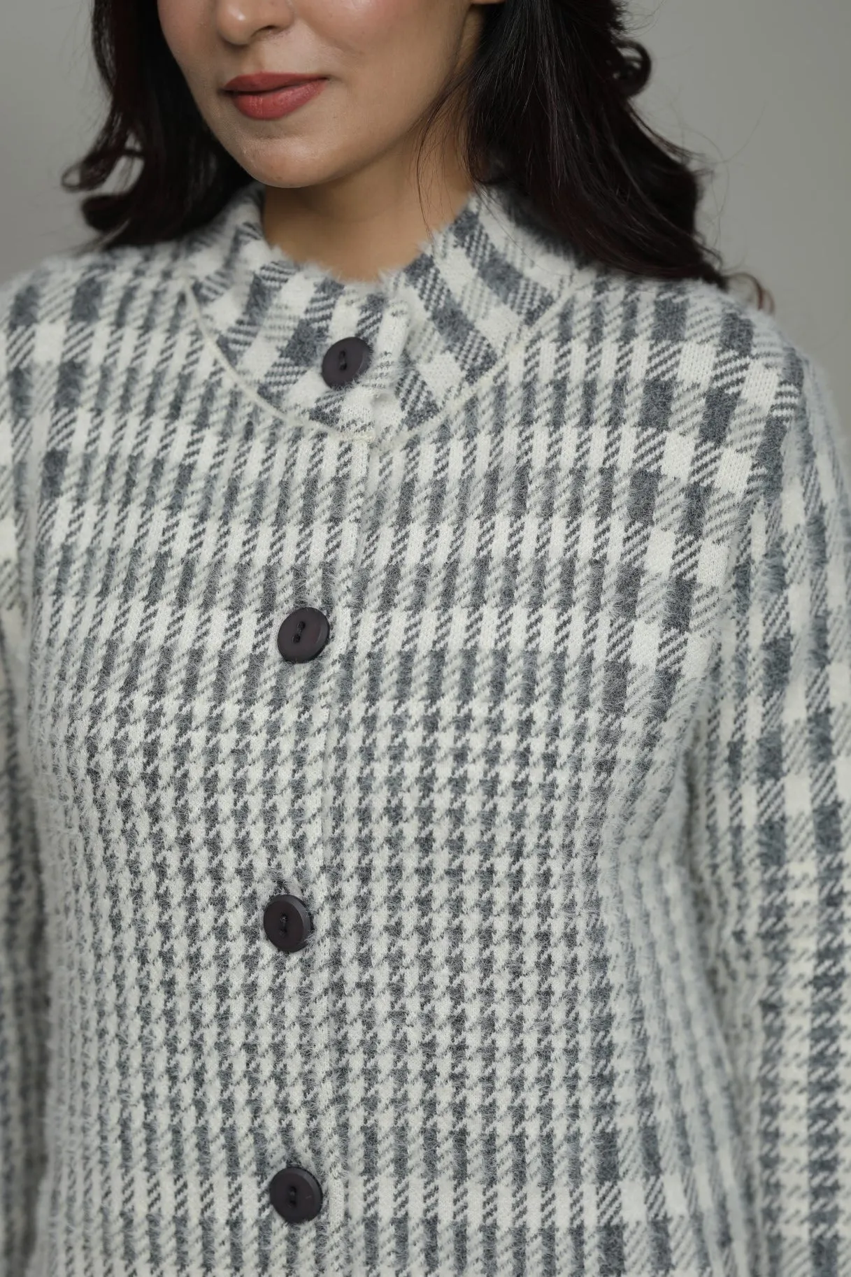 Woolen Checkered  Winter Long Coat For Women