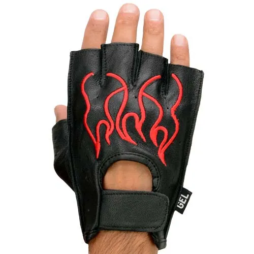 Xelement XG198 Men's Embroidered 'Flamed' Fingerless Black and Red Motorcycle Leather Gloves