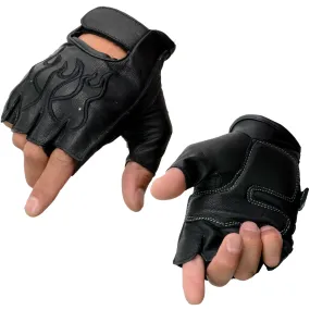 Xelement XG198 Men's Embroidered 'Flamed' Fingerless Black Motorcycle Leather Gloves