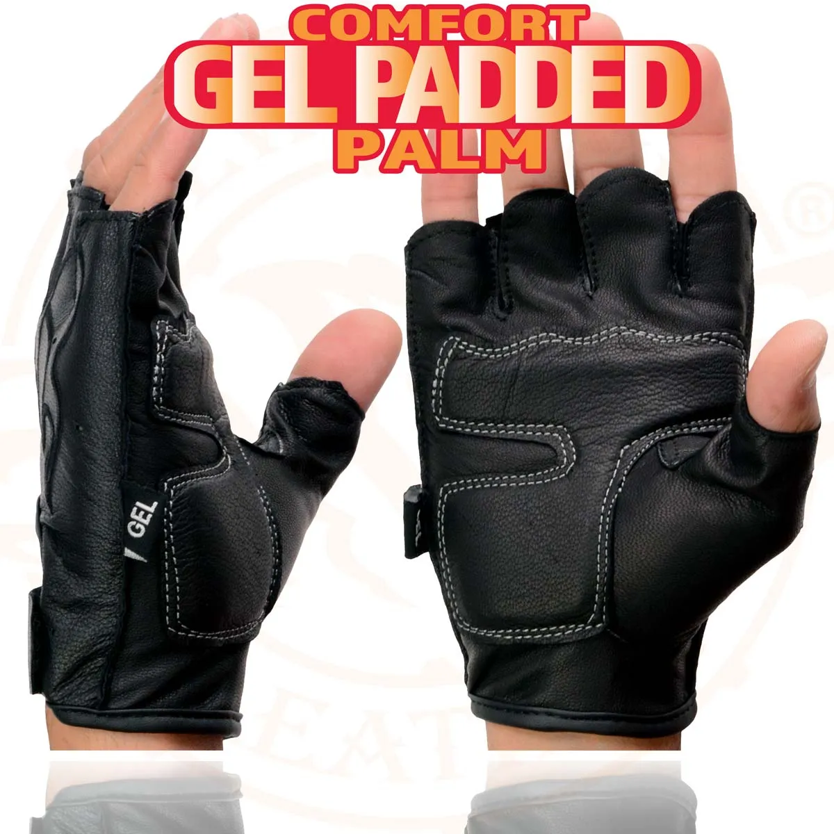 Xelement XG198 Men's Embroidered 'Flamed' Fingerless Black Motorcycle Leather Gloves