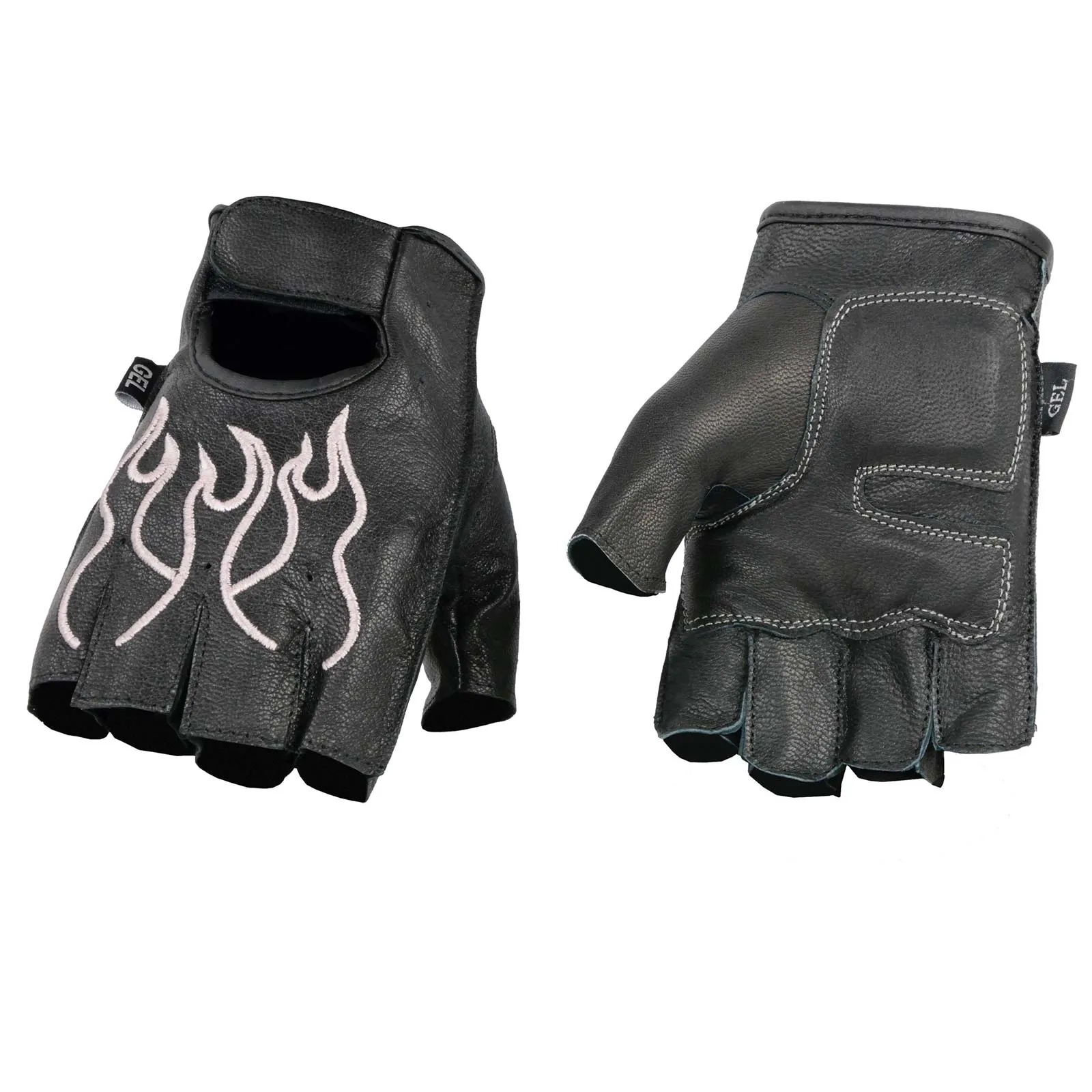 Xelement XG198 Women's Embroidered 'Flamed' Fingerless Black and Pink Motorcycle Leather Gloves