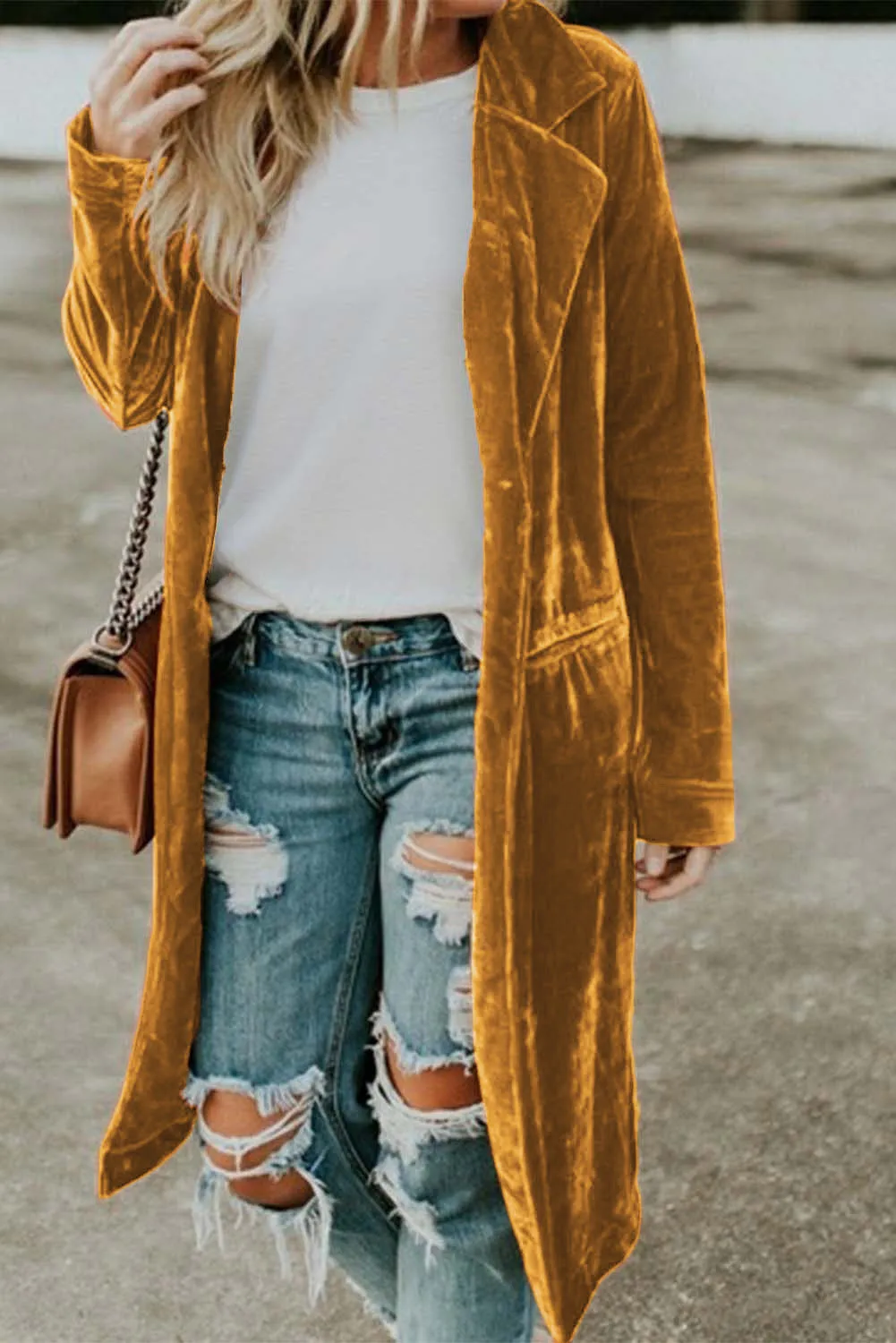 Yellow Casual Velvet Lapel Pocket Long Coat