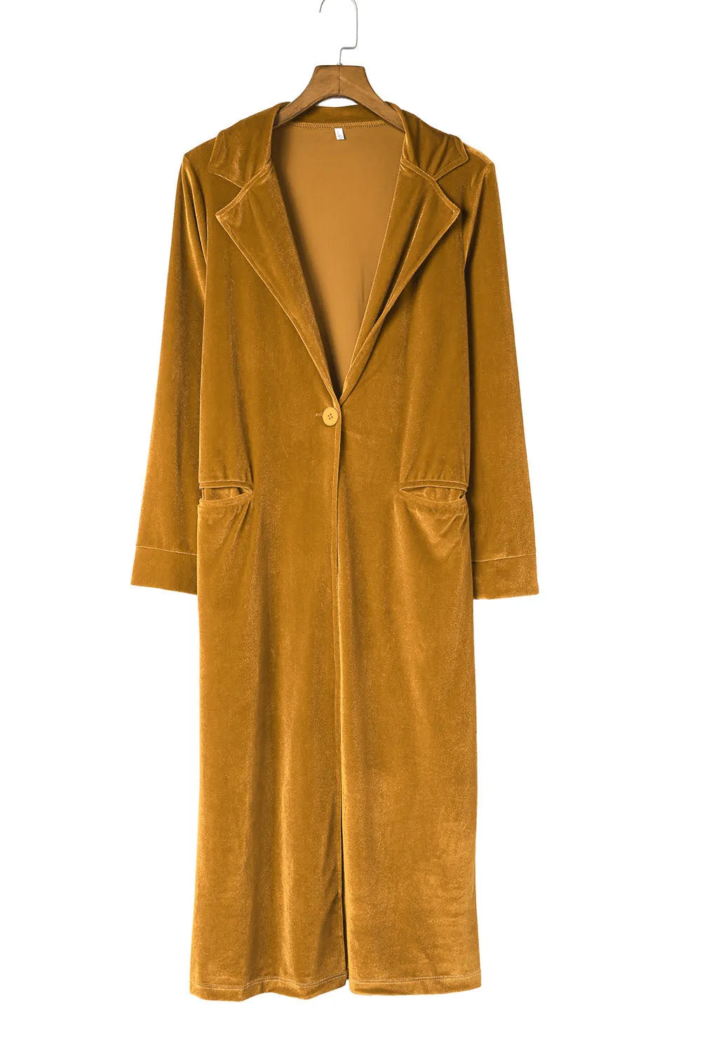 Yellow Casual Velvet Lapel Pocket Long Coat